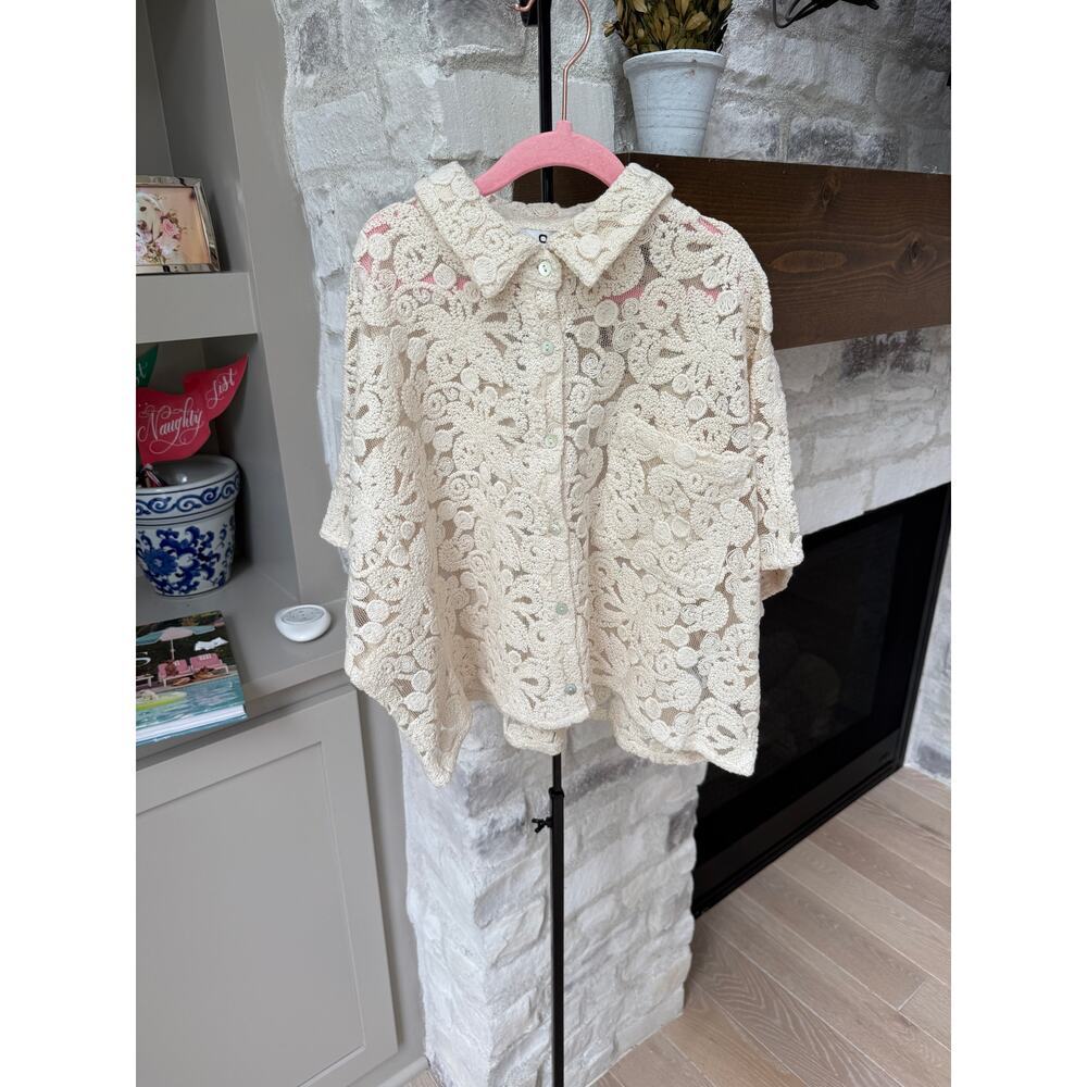 OAT New York Women's Cream Embroidered Lace And Mesh Crop Top Size S